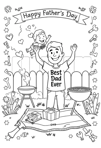 A Cheerful, Full-page Cartoon Coloring Scene For Father's Da Coloring Page