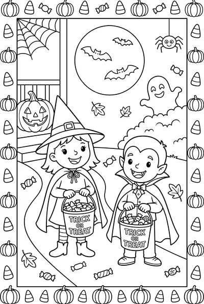 Cheerful Halloween Trick-or-Treat Scene