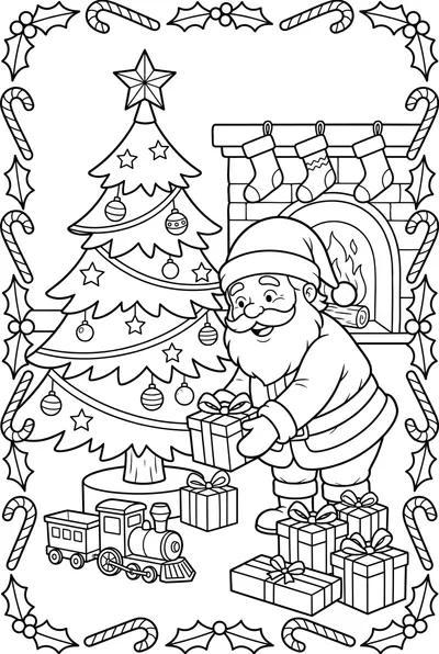 Joyful cartoon drawing of a smiling Santa Claus placing a gift under a festive Christmas tree, surrounded by presents.