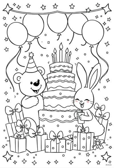 A Joyful, Easy-to-color, Cartoon-style Birthday Party Scene  Coloring Page