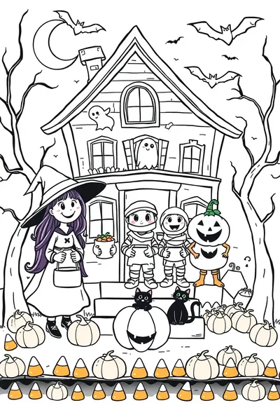 Black line art showing a friendly cartoon witch and a goofy monster smiling while trick-or-treating for Halloween.