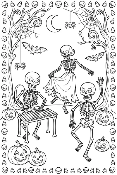 Three friendly cartoon skeletons dancing merrily in a whimsical graveyard with pumpkins and bats.