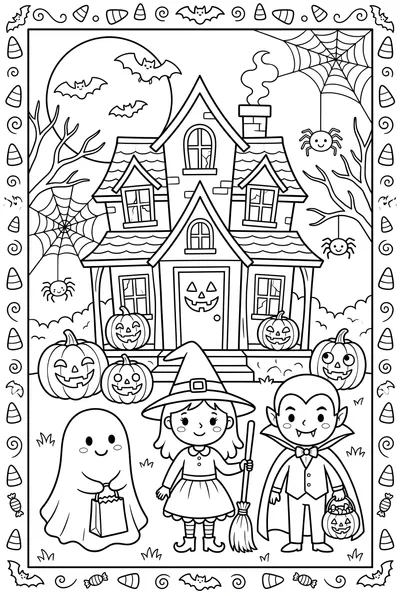 万圣节友好讨糖者在鬼屋前